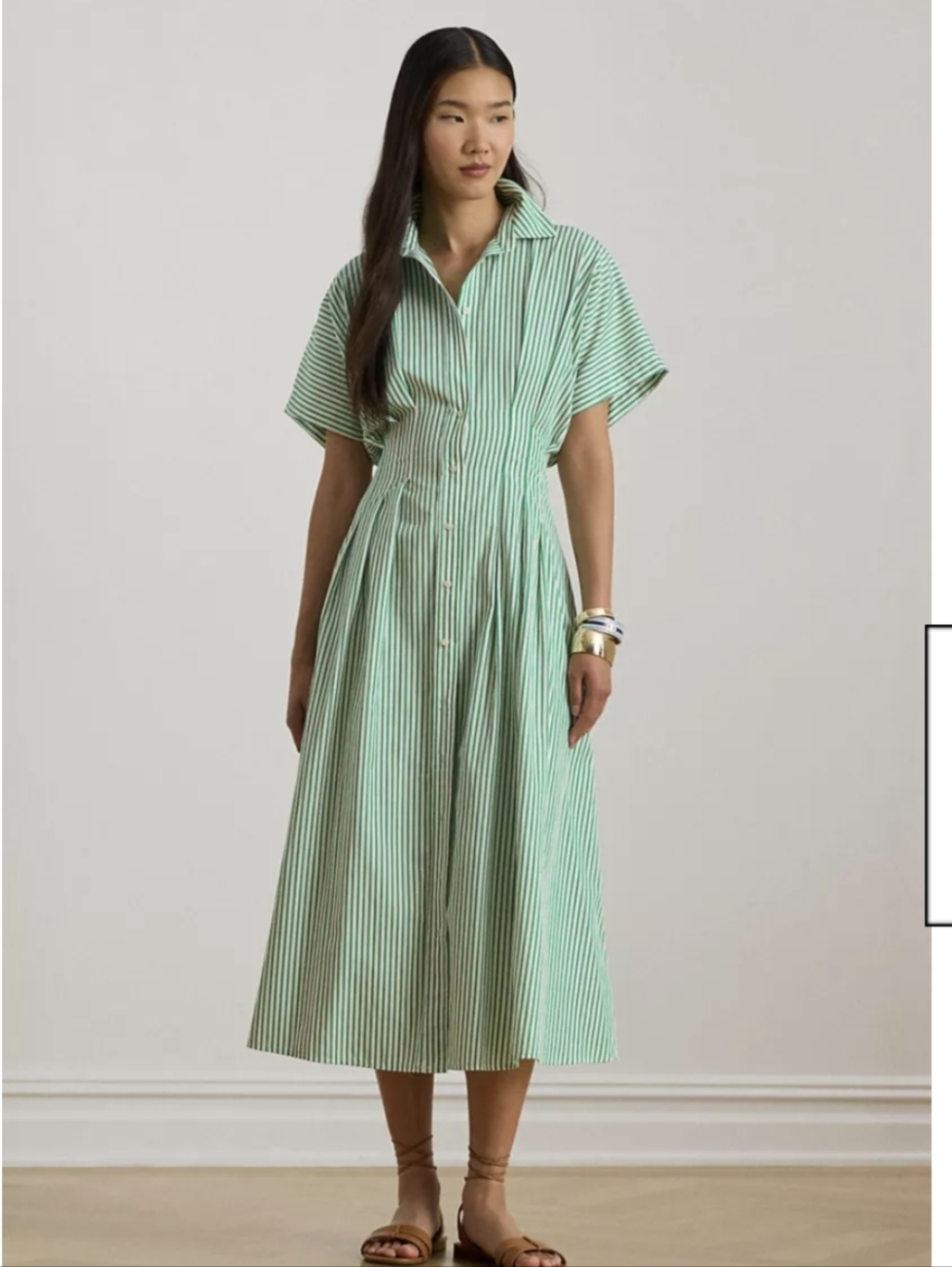 Lauren Ralph Lauren Green and White Striped Midi Shirt Dress